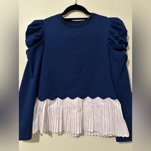 Gracia Navy Puff-Sleeve Top with White Pleated Hem